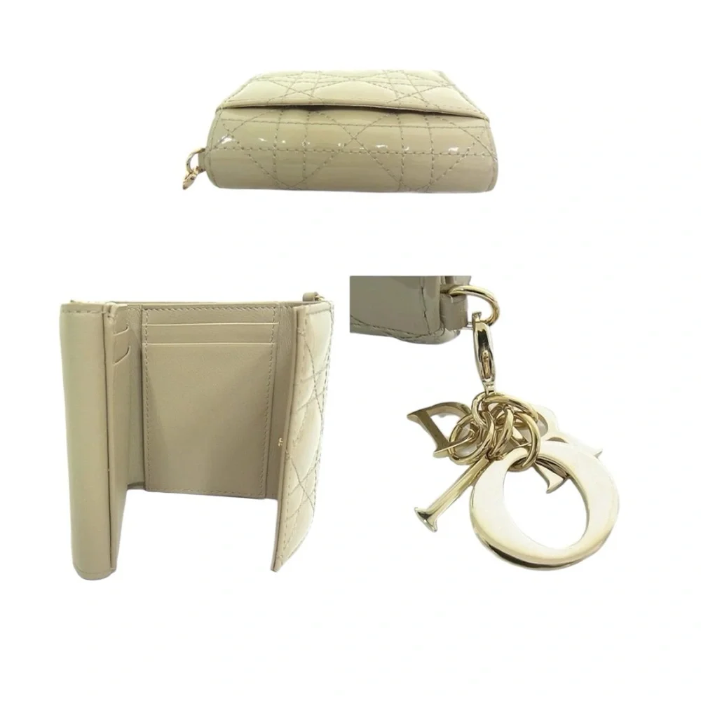 Authentic Christian Dior Lady Lotus Wallet Trifold Calfskin Patent Leather w/COA